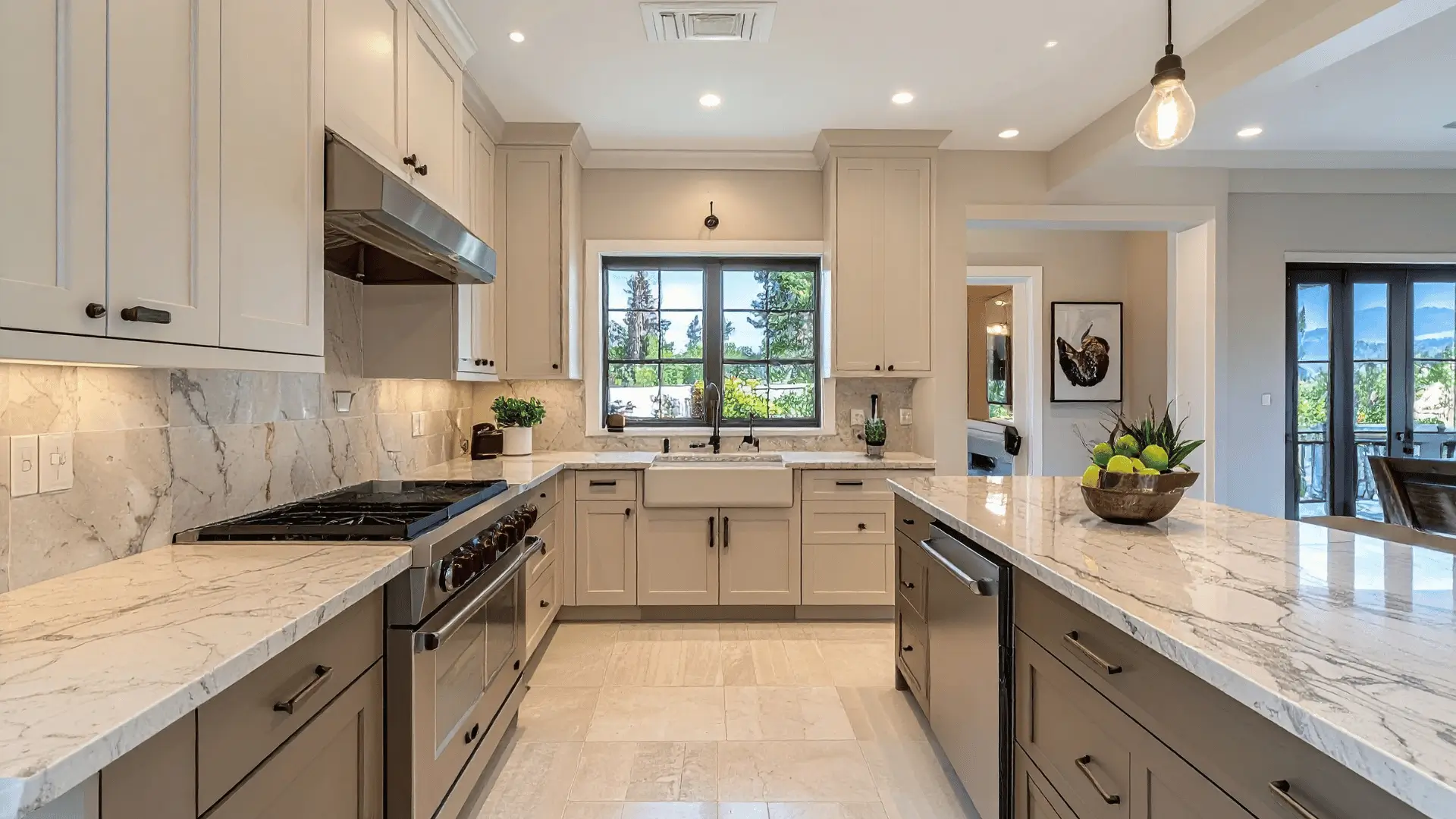 Luna collection kitchen in truffle-tone cabinetry with waterfall island